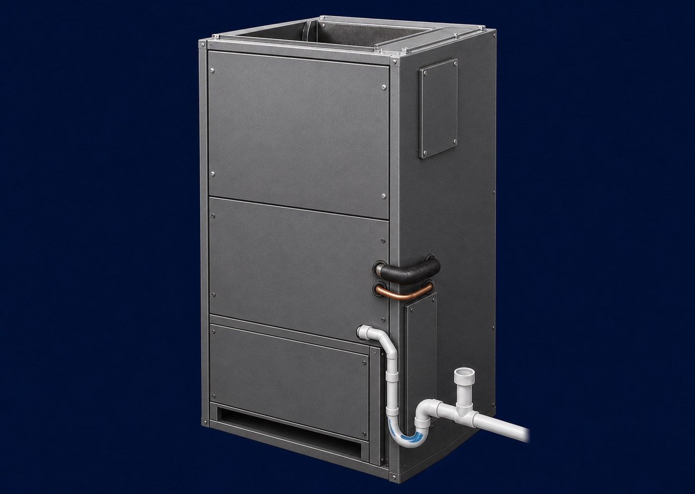 Fully assembled vertical indoor air handler with closed service panels, top supply opening, refrigerant lines, and trapped PVC condensate drain.