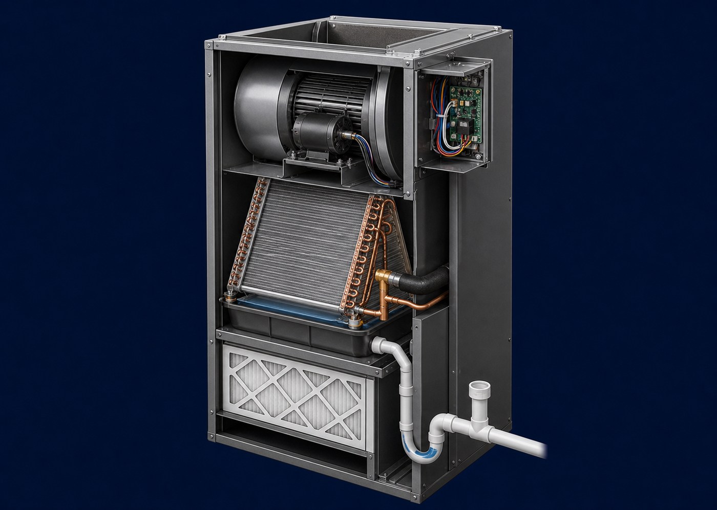 Cutaway of a vertical upflow indoor air handler showing filter, evaporator coil, drain pan, blower, controls, refrigerant connections, and trapped condensate drain.