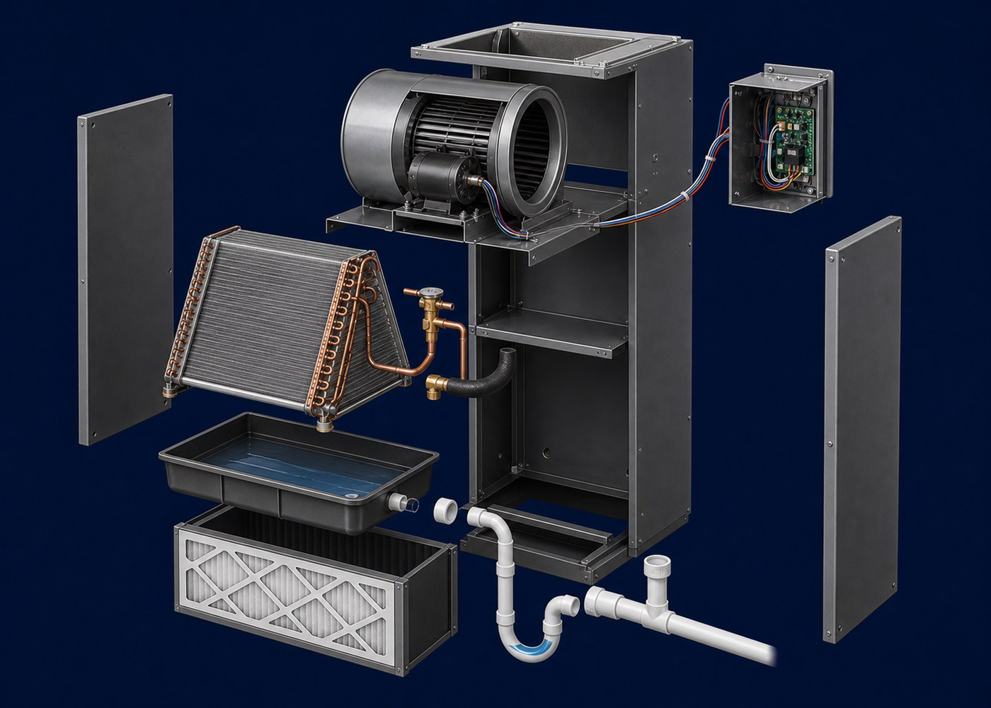 Exploded indoor air handler with separated cabinet panels, blower, controls, evaporator coil, drain pan, filter, refrigerant connections, and PVC drain assembly.