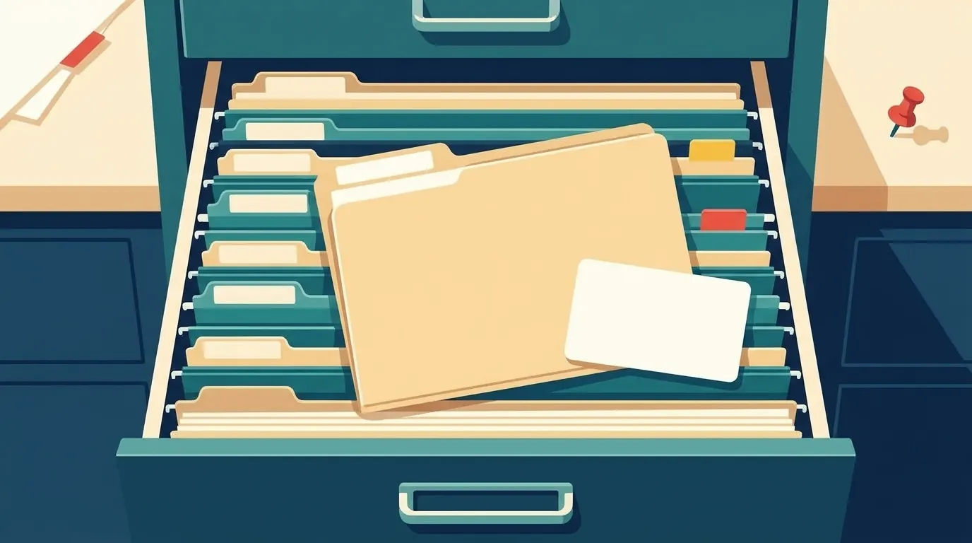 Open filing-cabinet drawer holding folders and a blank certification card