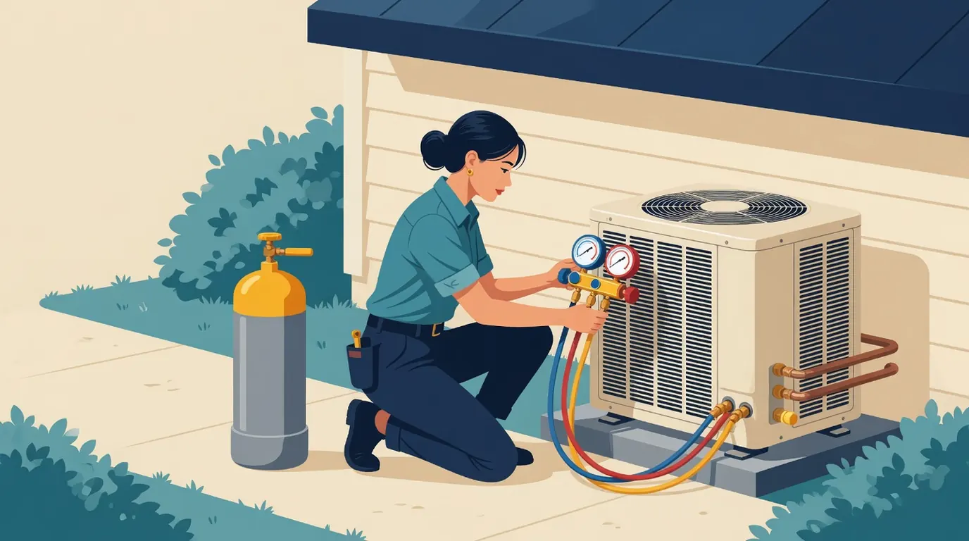 Technician connecting a manifold gauge set to a residential split-system condensing unit beside a grey recovery cylinder with a yellow top