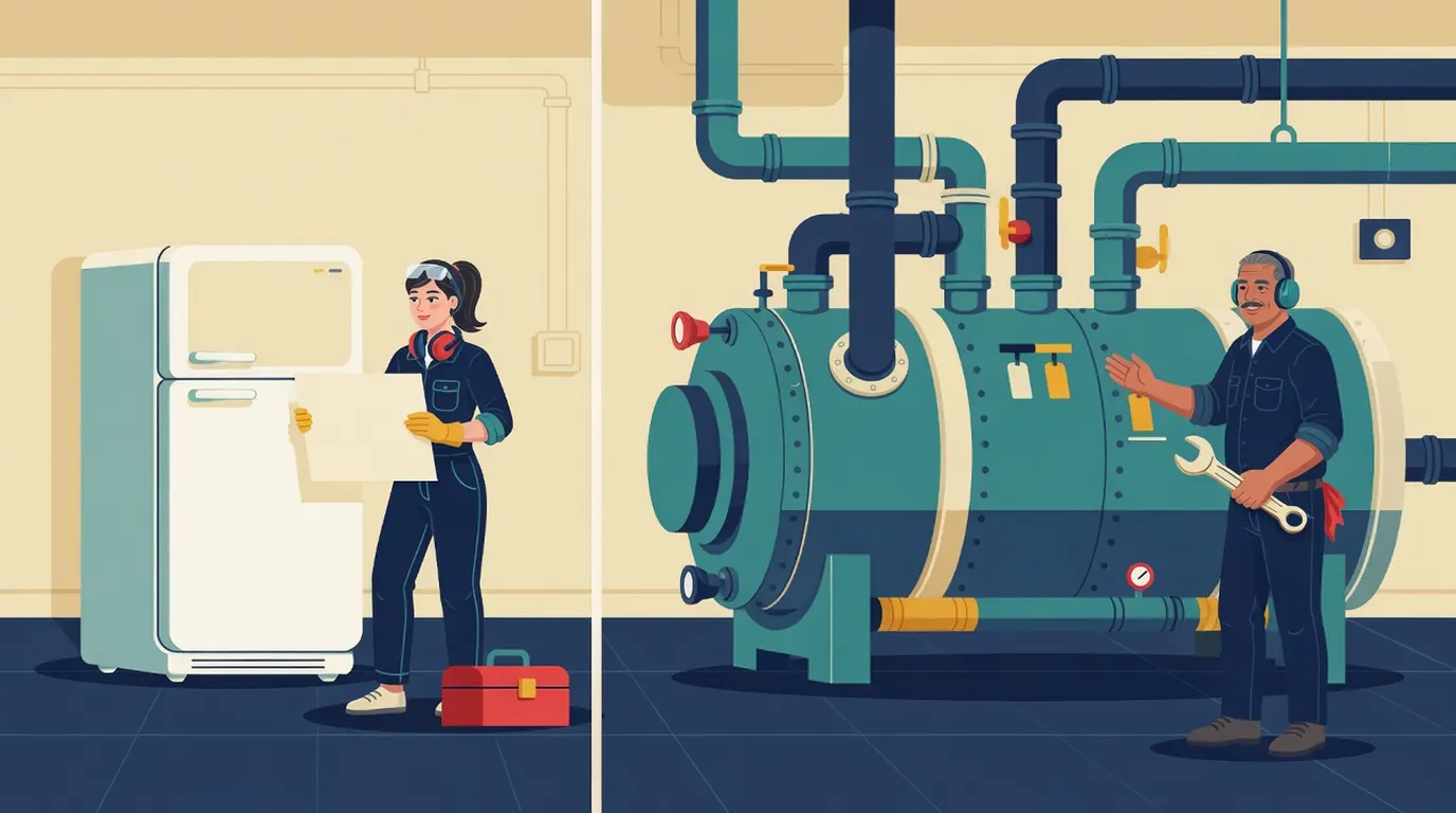 Split scene of a technician beside a household refrigerator and another technician beside a large low-pressure chiller
