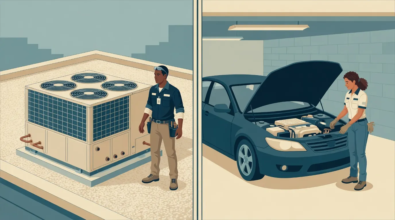 Split scene of a technician beside a commercial rooftop HVAC unit and a different technician beside a car with its hood open in a garage