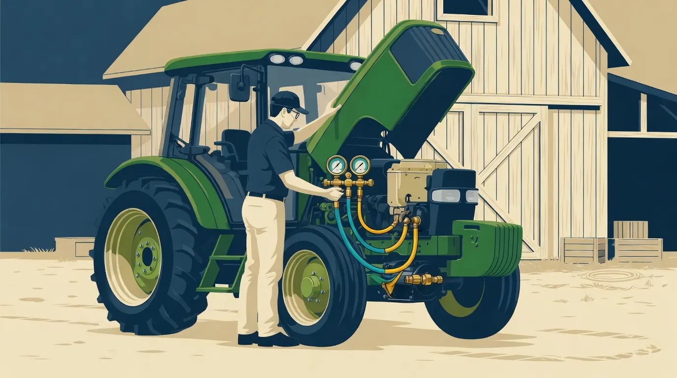 Technician using a manifold gauge set connected to a farm tractor's air-conditioner service ports in a farmyard beside a barn