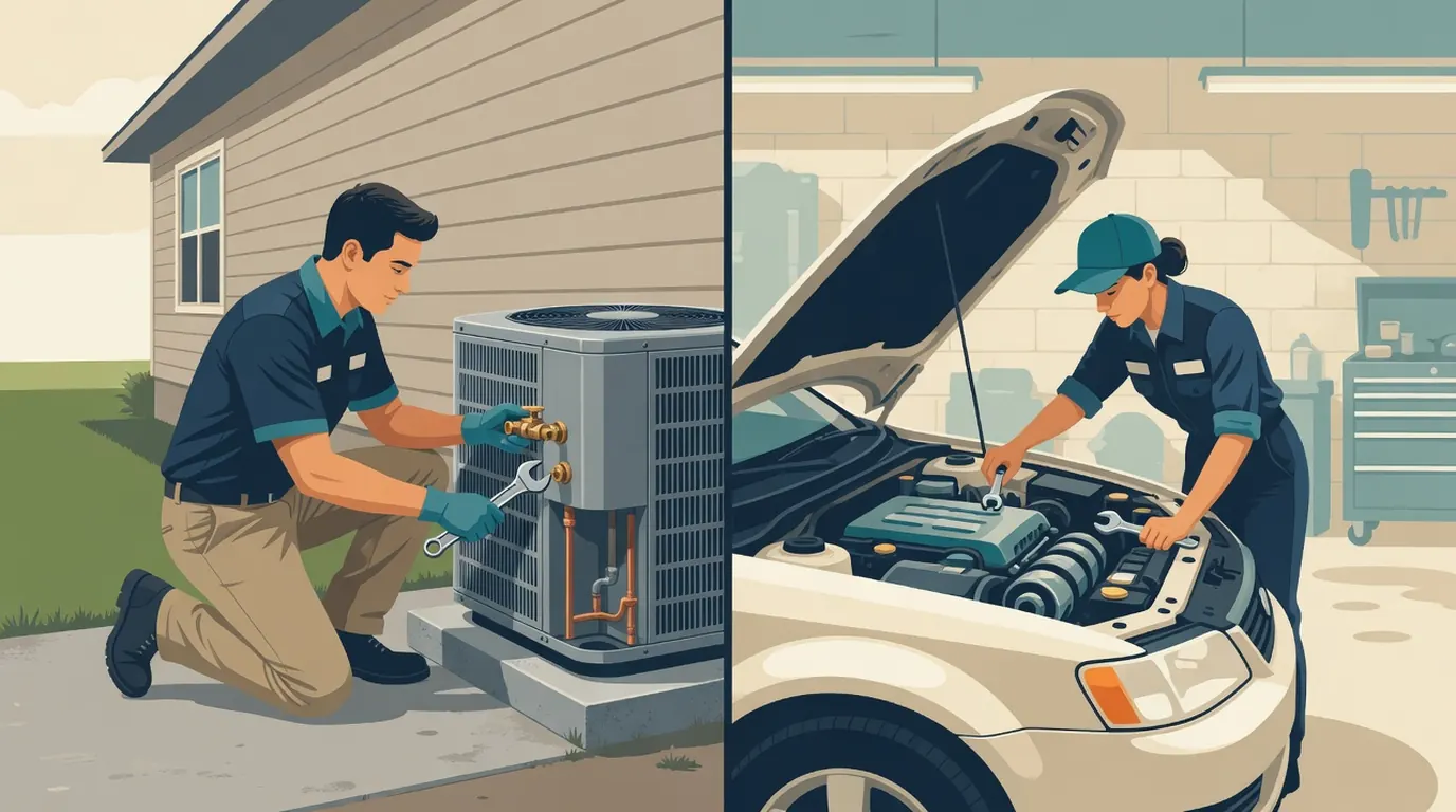 Split scene of a technician servicing a building split-system condensing unit outdoors and an automotive technician working under a car hood in a shop