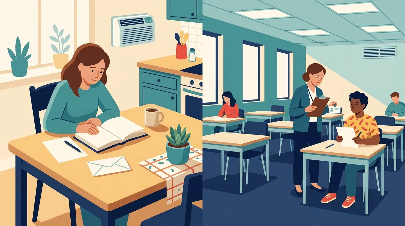 Split scene of a Type I mail-in exam with an open book at a kitchen table and a proctored closed-book exam in a testing room