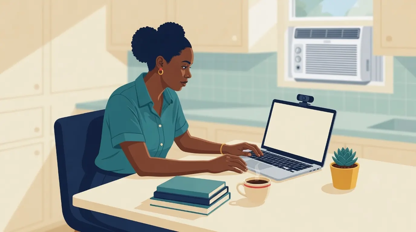 Technician taking a webcam-proctored exam at a kitchen table with closed books and a blank laptop screen