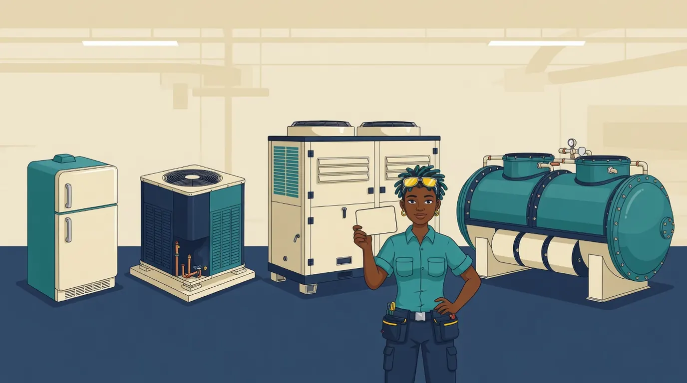 Technician holding a blank card in front of a refrigerator, a split-system condenser, a packaged commercial unit, and a low-pressure chiller
