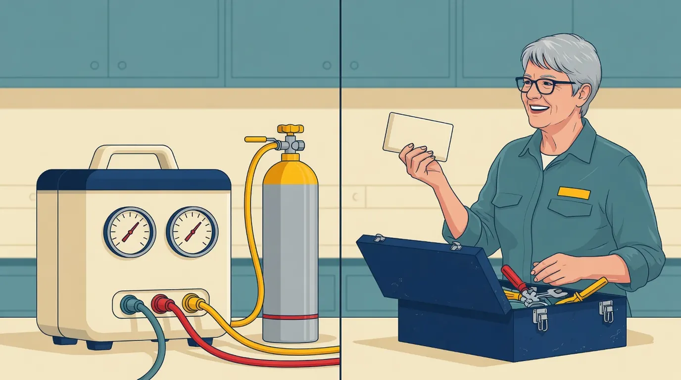 Recovery machine connected to a grey cylinder with a yellow top beside a technician holding a blank certification card