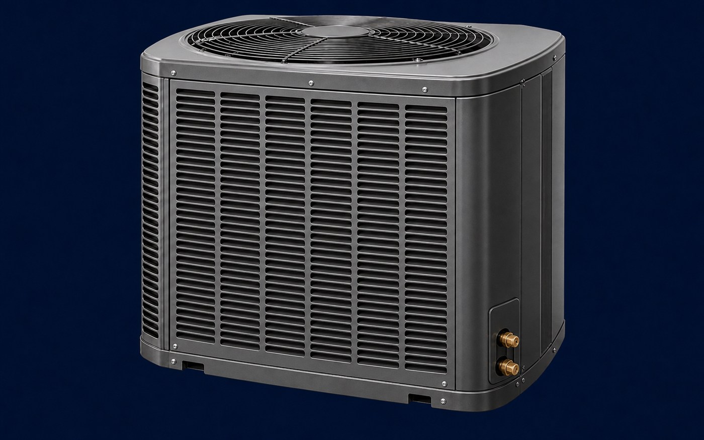 Fully assembled generic residential outdoor condensing unit with fitted ventilated cabinet panels, top fan grille, and exterior service connections.