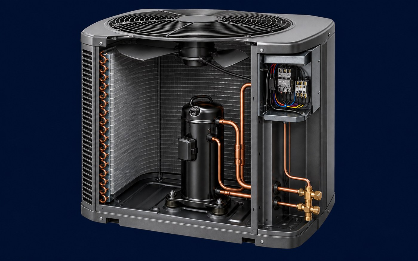 Realistic cutaway of a conventional residential air-cooled condensing unit showing the top fan, wraparound coil, compressor, copper piping, electrical controls, and service-valve area.