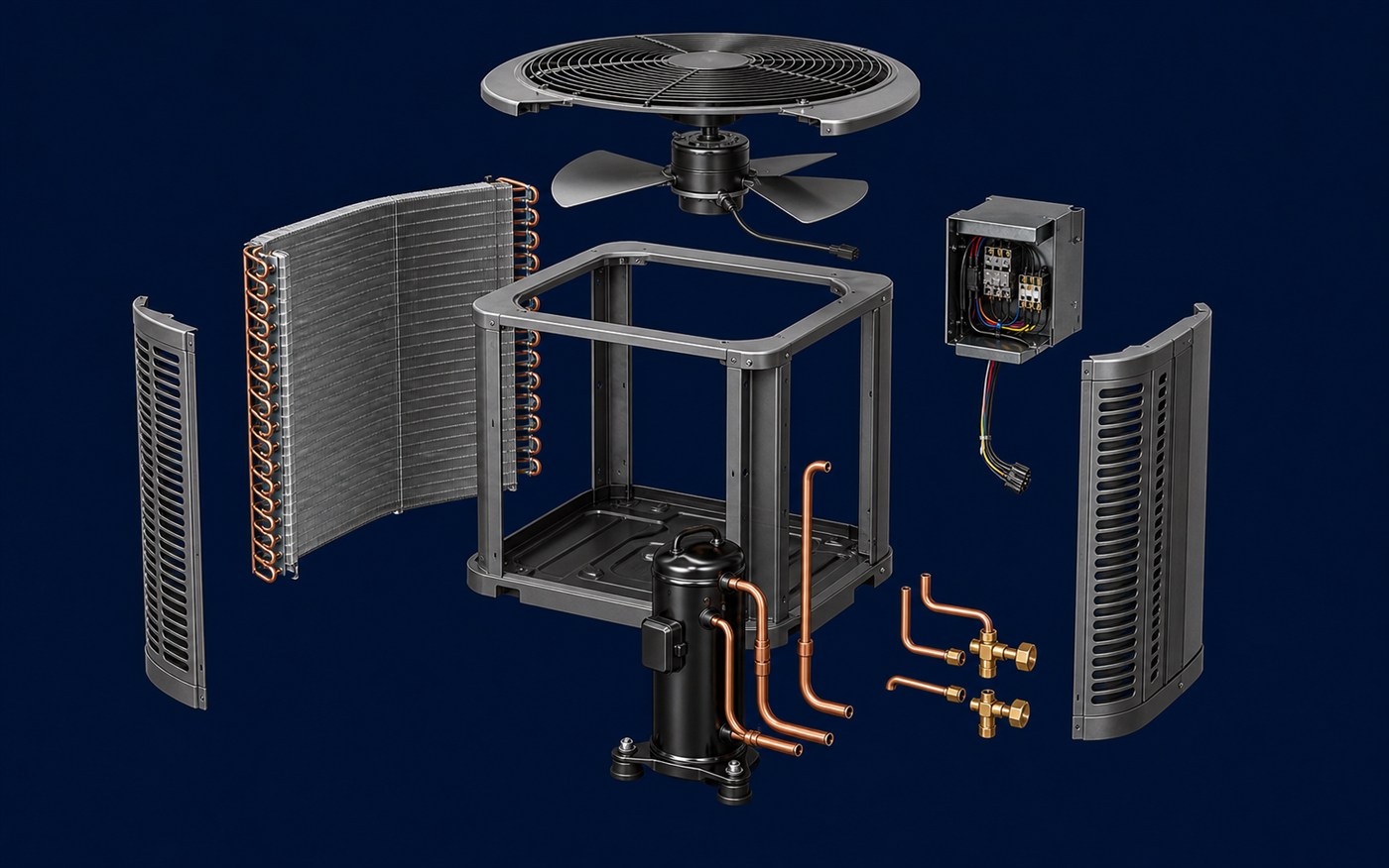 Exploded assembly view with the condenser fan above, coil to the left, frame centered, compressor forward, controls to the right, service valves separated, and cabinet panels removed.